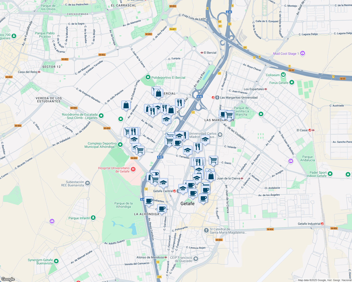 map of restaurants, bars, coffee shops, grocery stores, and more near 13 Calle Torroja in Getafe