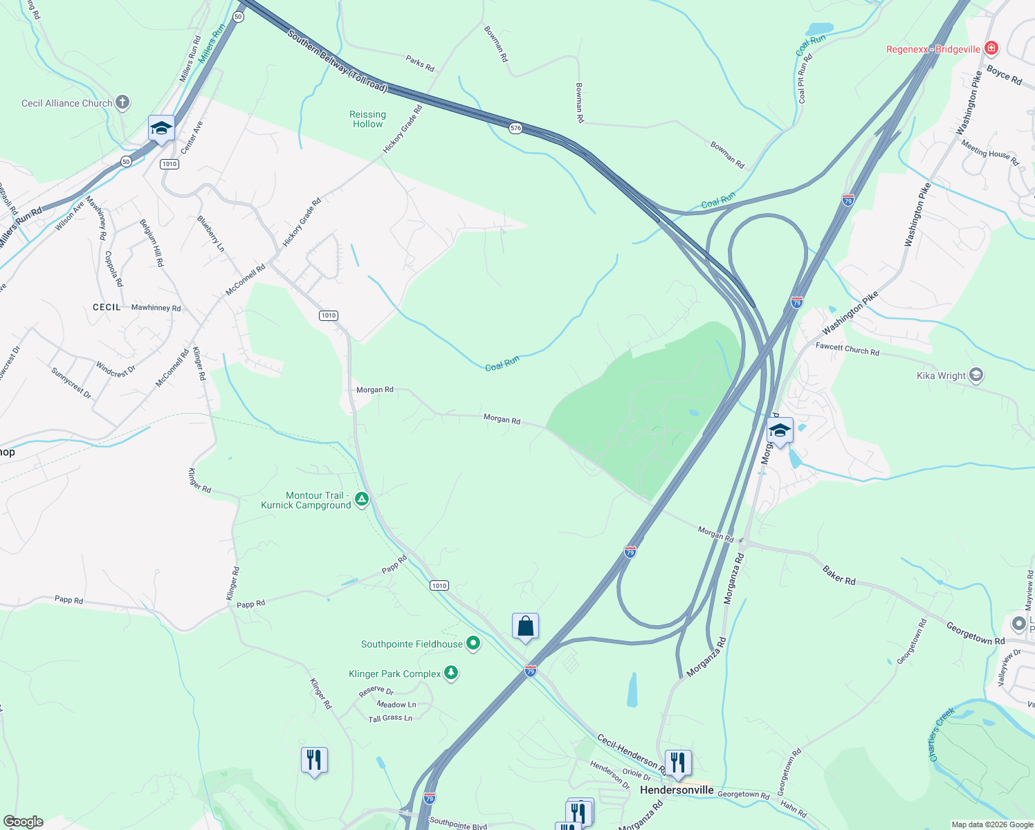map of restaurants, bars, coffee shops, grocery stores, and more near 1216 Morgan Road in Bridgeville