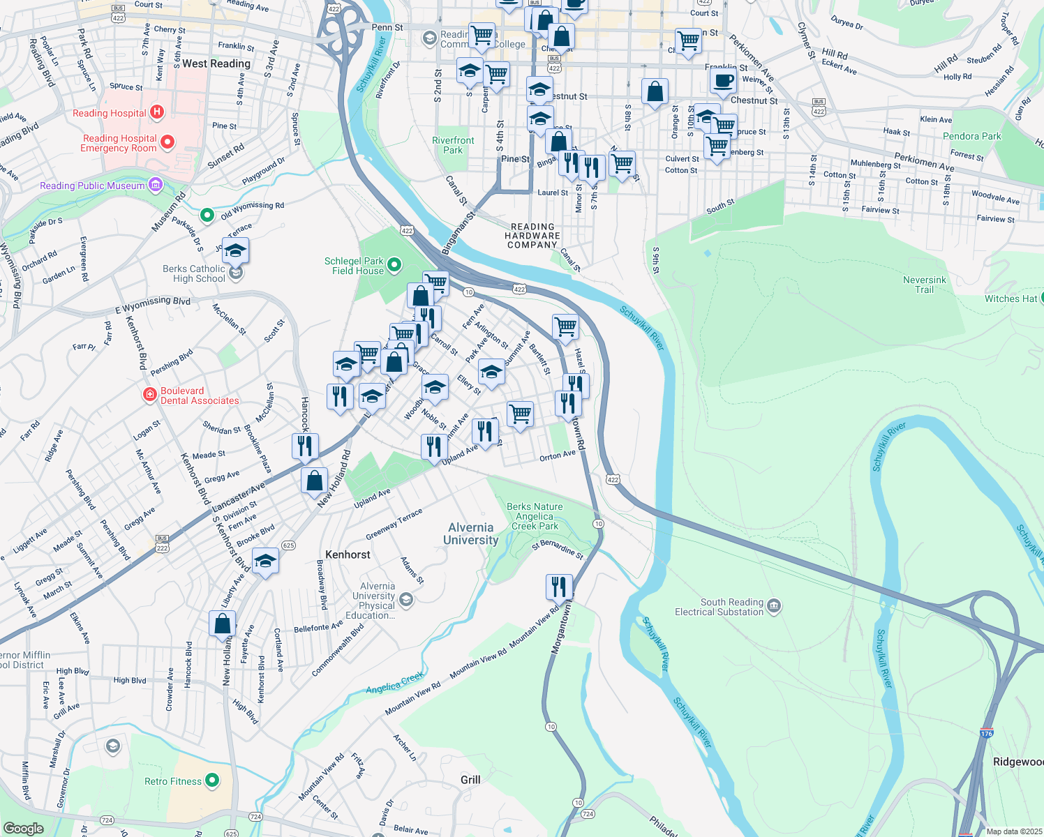 map of restaurants, bars, coffee shops, grocery stores, and more near 428 Crestmont St in Reading