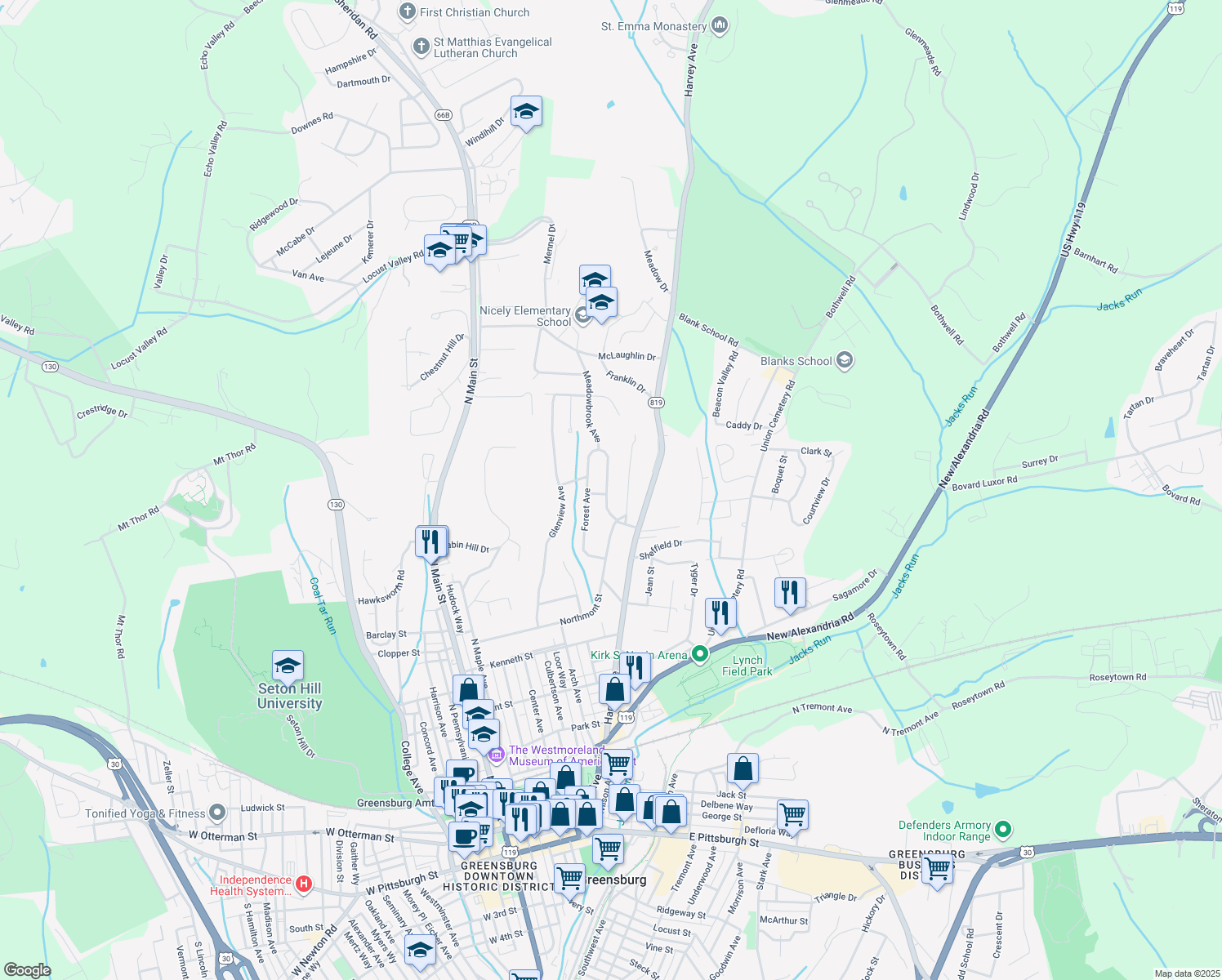 map of restaurants, bars, coffee shops, grocery stores, and more near 20 Meadowbrook Avenue in Greensburg