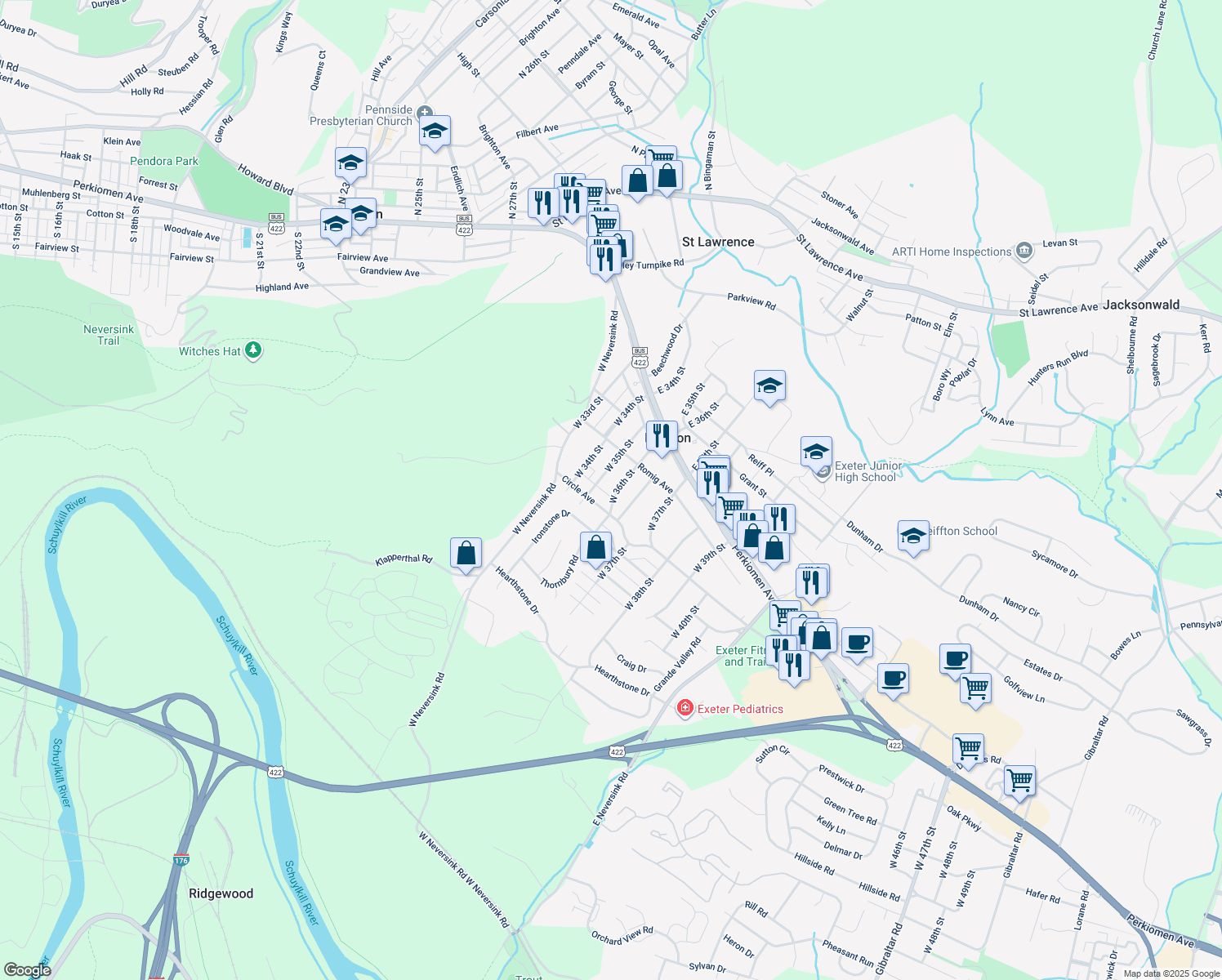 map of restaurants, bars, coffee shops, grocery stores, and more near 120 West 36th Street in Reading