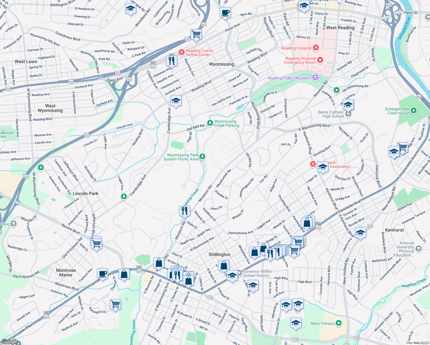 map of restaurants, bars, coffee shops, grocery stores, and more near 1635 Museum Rd in Wyomissing