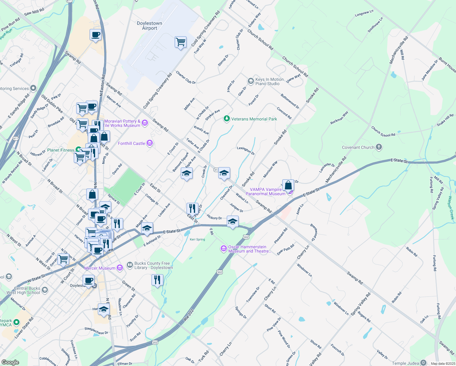 map of restaurants, bars, coffee shops, grocery stores, and more near 5 Walnut Lane in Doylestown