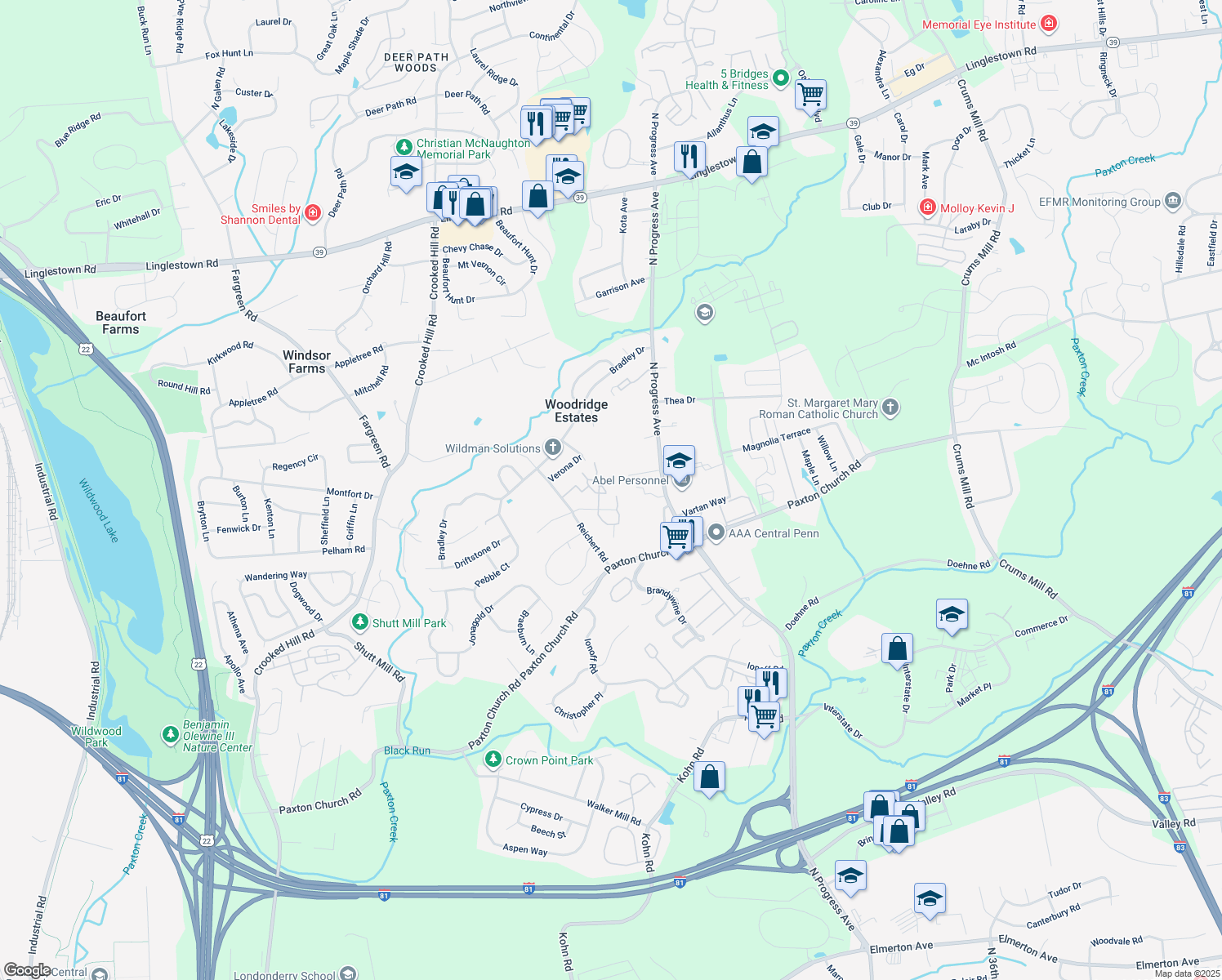 map of restaurants, bars, coffee shops, grocery stores, and more near 705 Cherrington Drive in Harrisburg