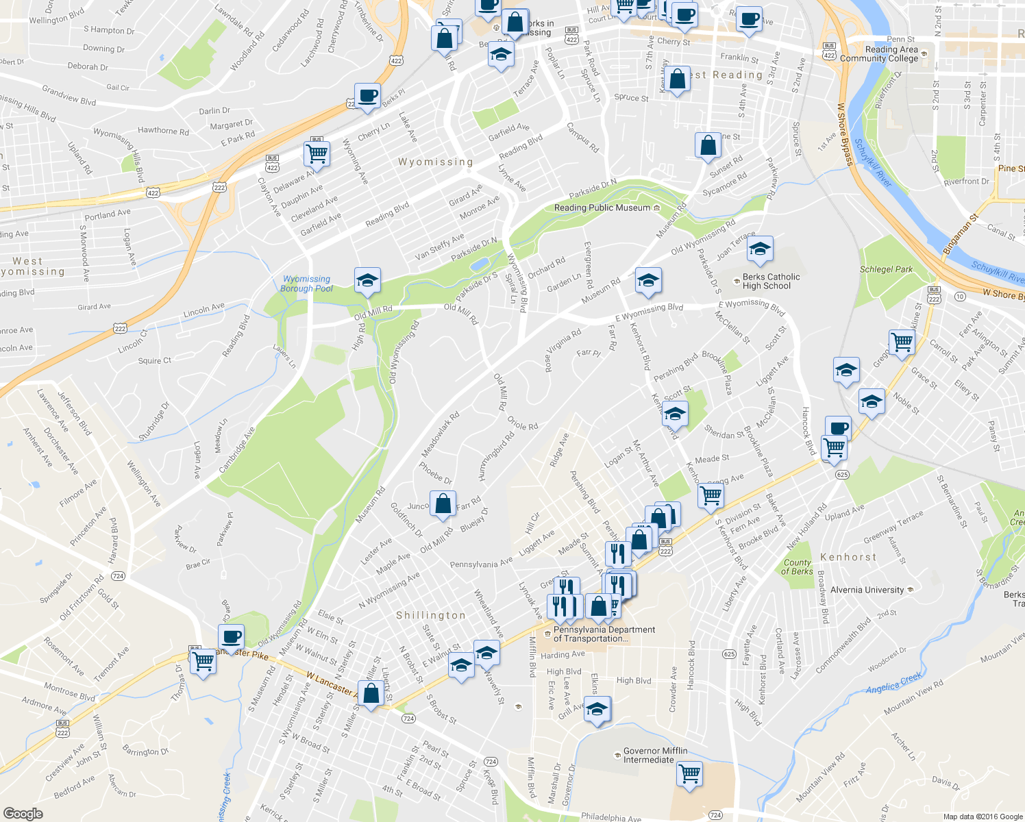 map of restaurants, bars, coffee shops, grocery stores, and more near 1 Oriole Road in Wyomissing