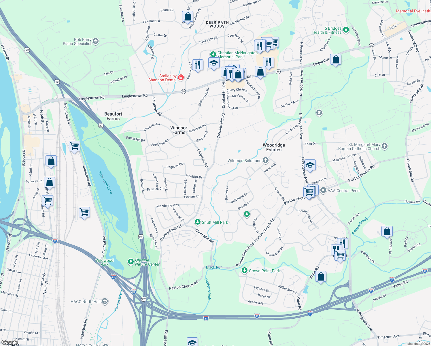 map of restaurants, bars, coffee shops, grocery stores, and more near 4015 Crooked Hill Rd in Harrisburg