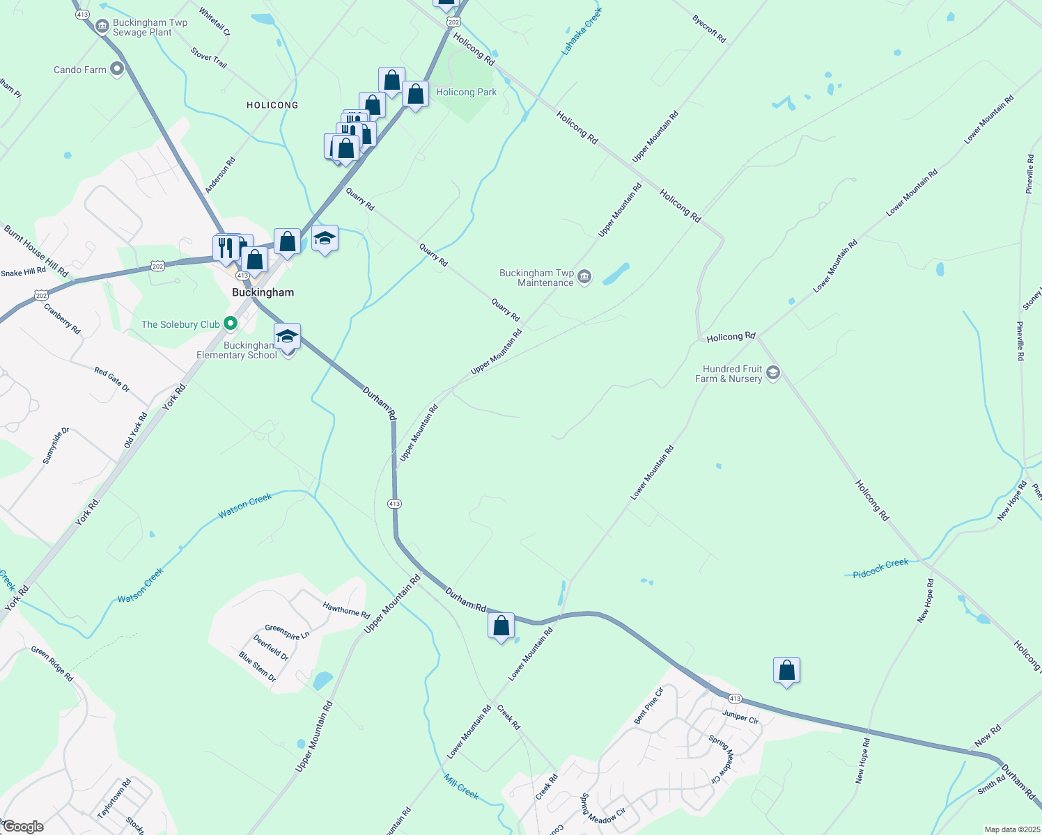 map of restaurants, bars, coffee shops, grocery stores, and more near 4757 Upper Mountain Road in New Hope