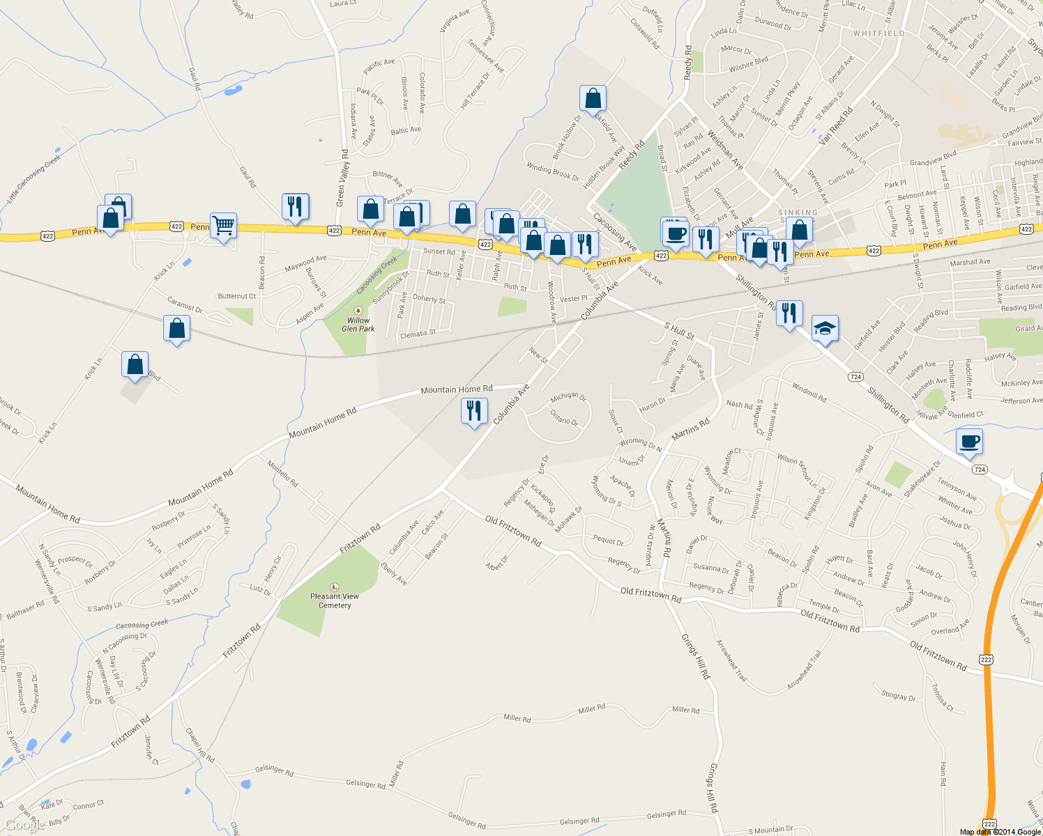 map of restaurants, bars, coffee shops, grocery stores, and more near 12 Michigan Dr in Sinking Spring