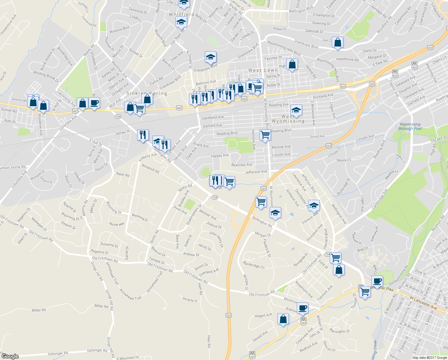 map of restaurants, bars, coffee shops, grocery stores, and more near 114 Glenfield Court in West Lawn