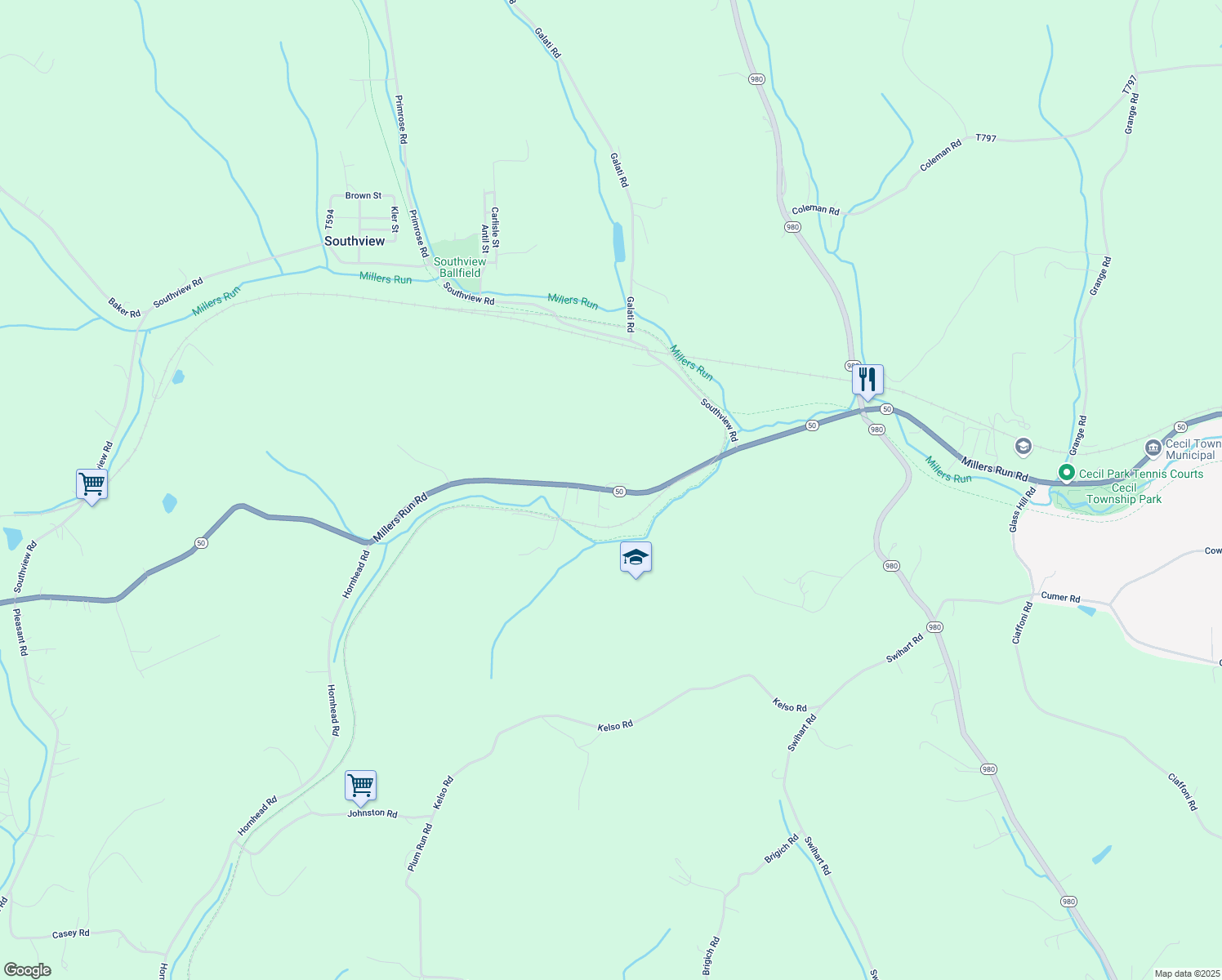 map of restaurants, bars, coffee shops, grocery stores, and more near 3998 Millers Run Road in McDonald