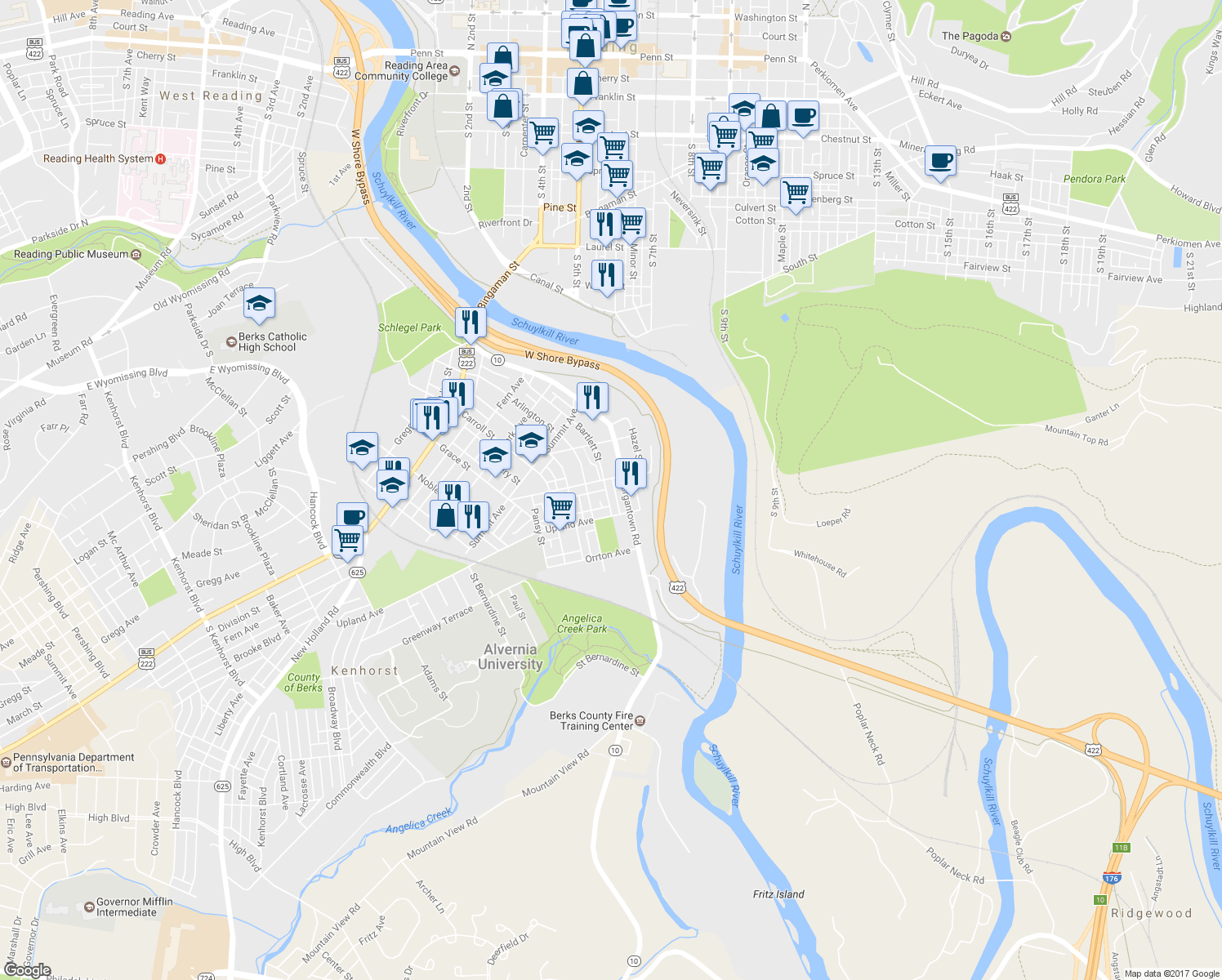 map of restaurants, bars, coffee shops, grocery stores, and more near 411 Bartlett Street in Reading