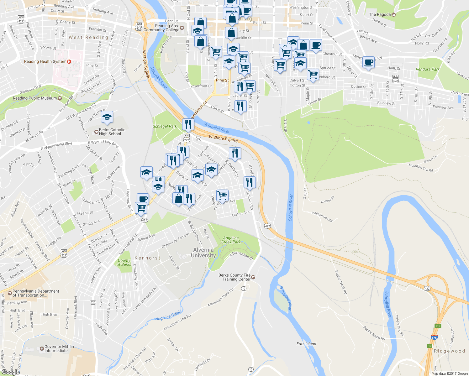 map of restaurants, bars, coffee shops, grocery stores, and more near 126 Belvedere Avenue in Reading