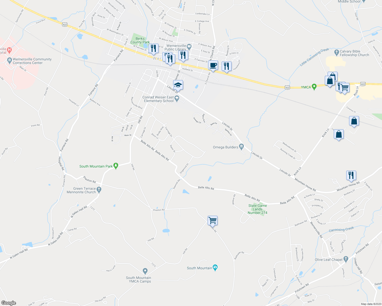 map of restaurants, bars, coffee shops, grocery stores, and more near 322 Carriage Drive in Wernersville
