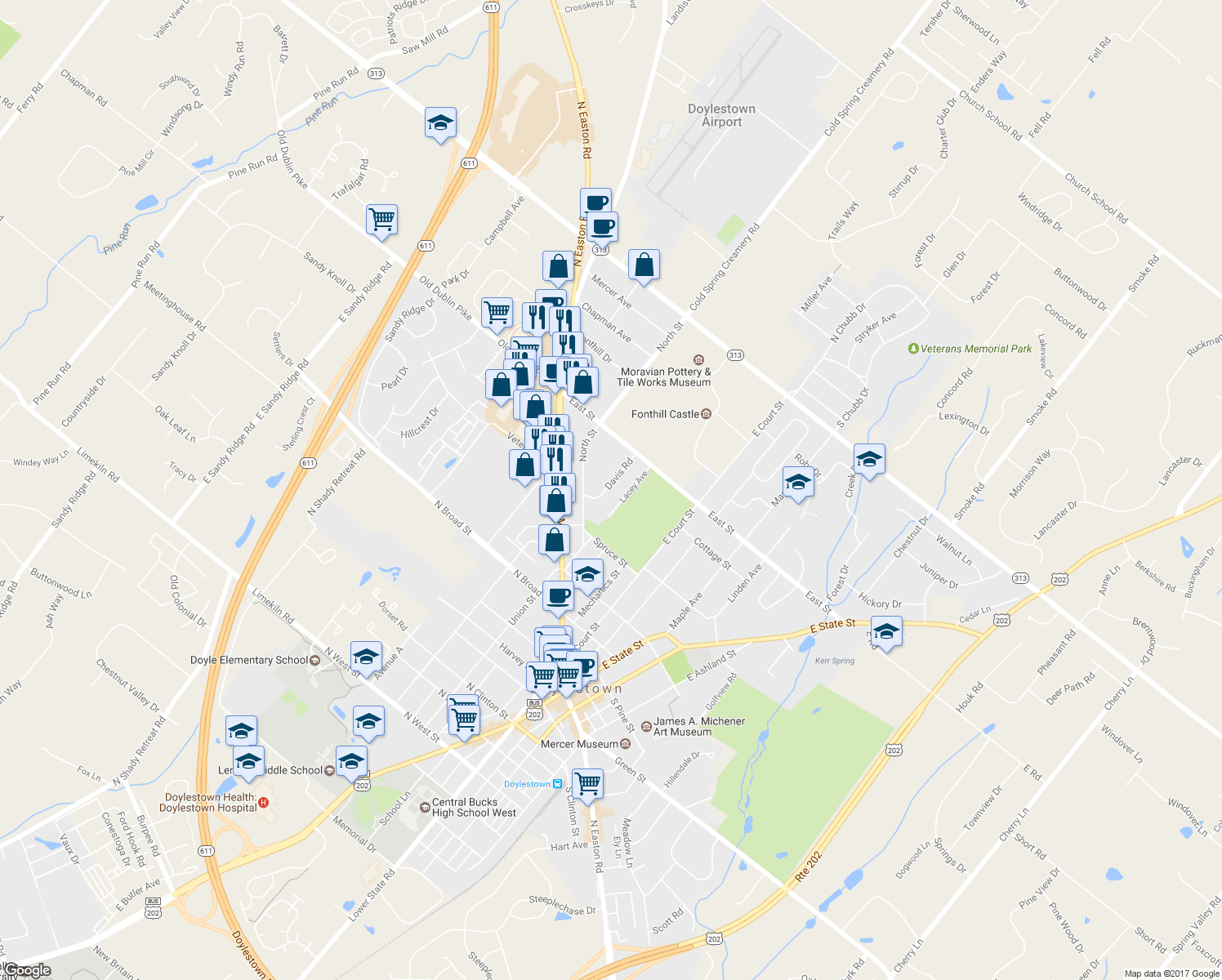 map of restaurants, bars, coffee shops, grocery stores, and more near 76 Davis Road in Doylestown