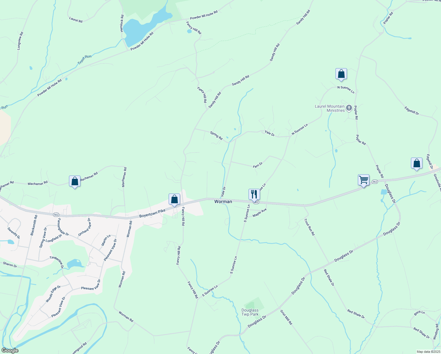 map of restaurants, bars, coffee shops, grocery stores, and more near 10 Vale Drive in Boyertown