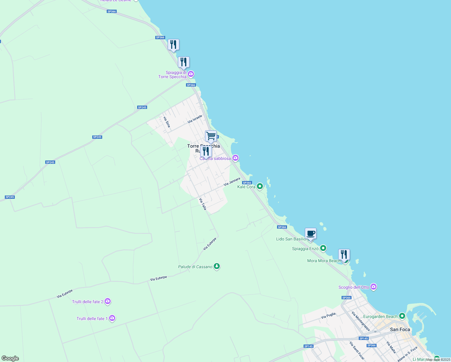 map of restaurants, bars, coffee shops, grocery stores, and more near 5 Via Jannara in Torre Specchia Ruggeri