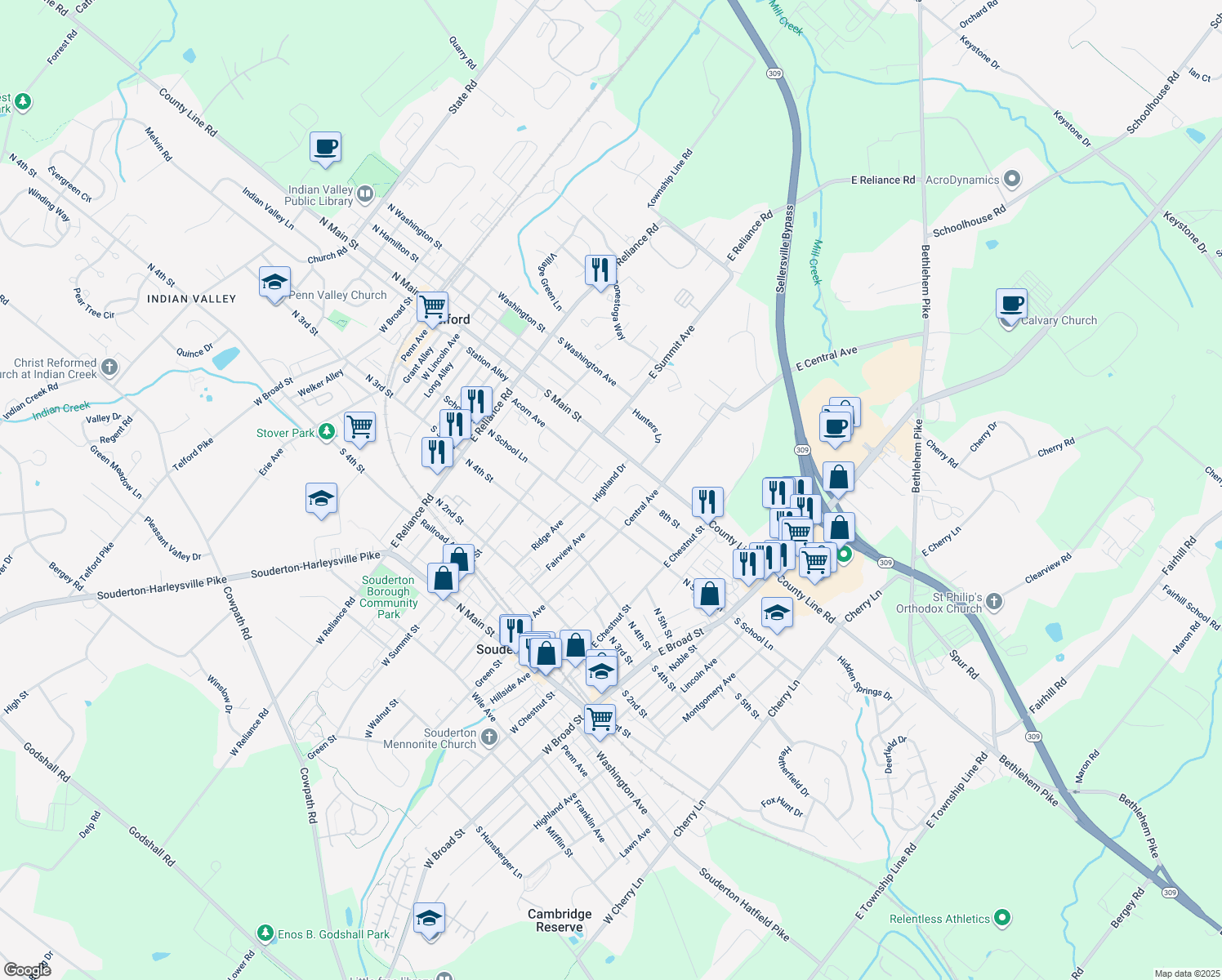 map of restaurants, bars, coffee shops, grocery stores, and more near 38 Highland Drive in Telford