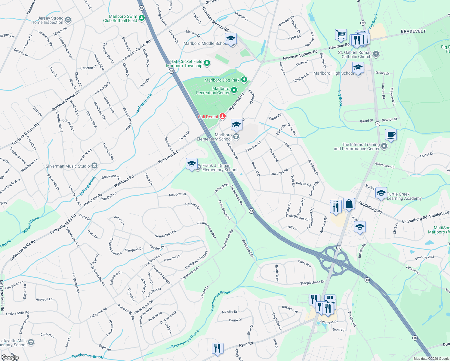 map of restaurants, bars, coffee shops, grocery stores, and more near 2 Julian Way in Marlboro