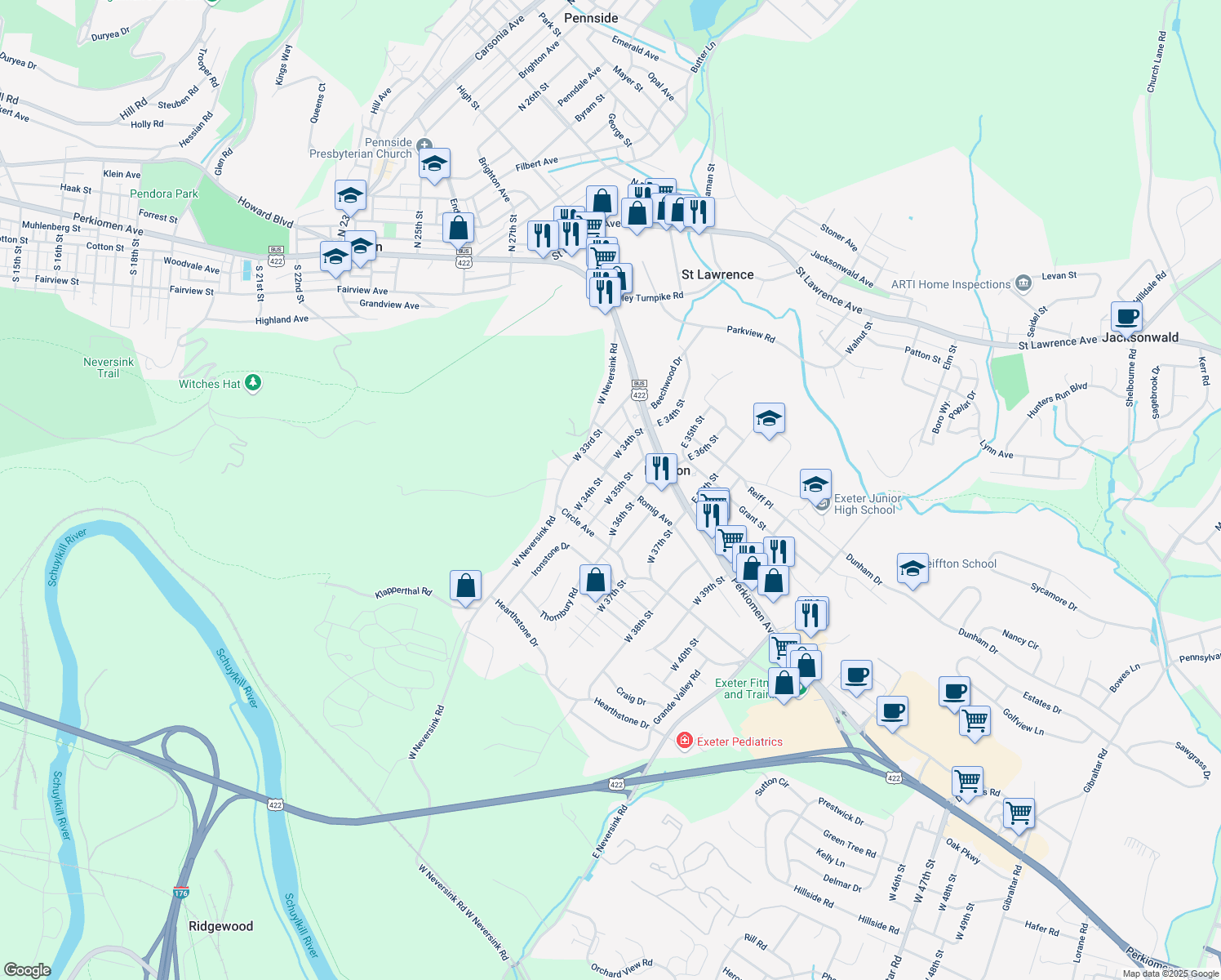 map of restaurants, bars, coffee shops, grocery stores, and more near 104 West 35th Street in Reading