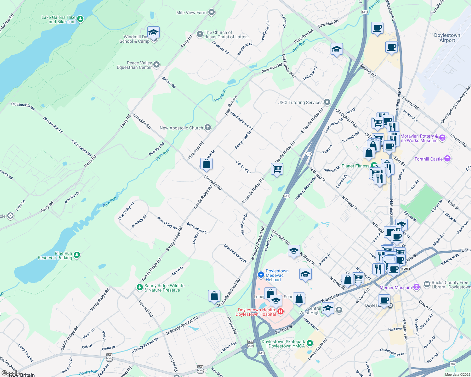 map of restaurants, bars, coffee shops, grocery stores, and more near 106 Julie Lane in Doylestown
