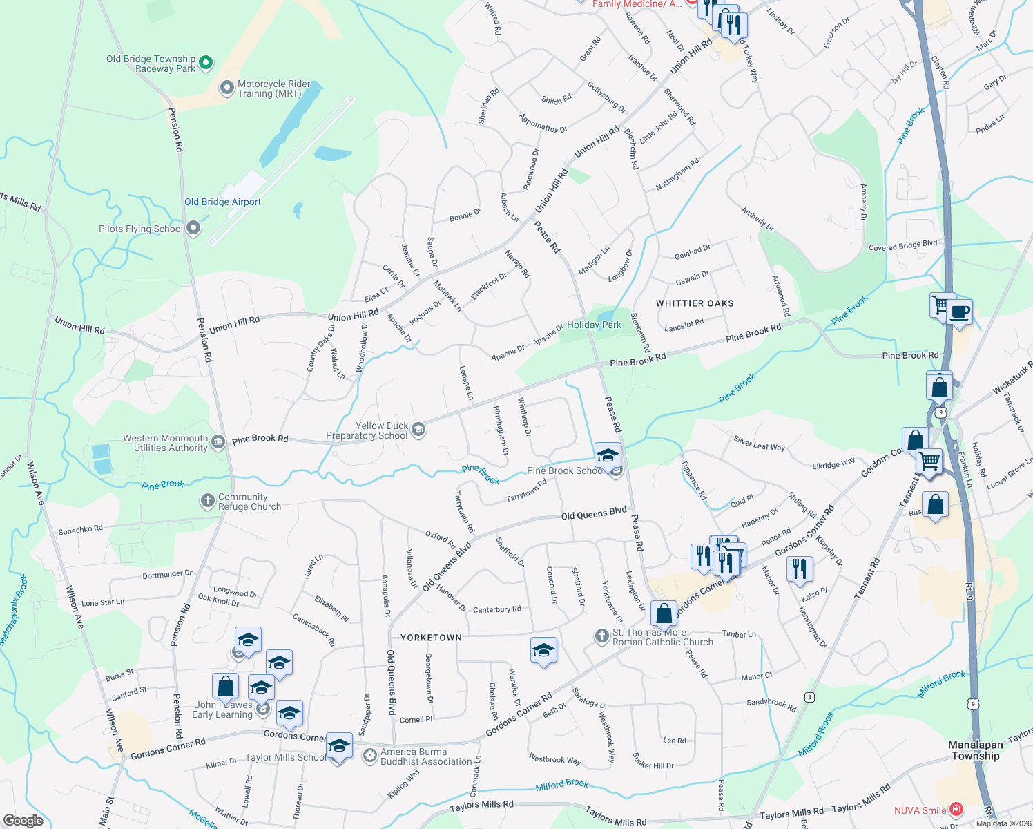 map of restaurants, bars, coffee shops, grocery stores, and more near 37 Winthrop Drive in Manalapan Township