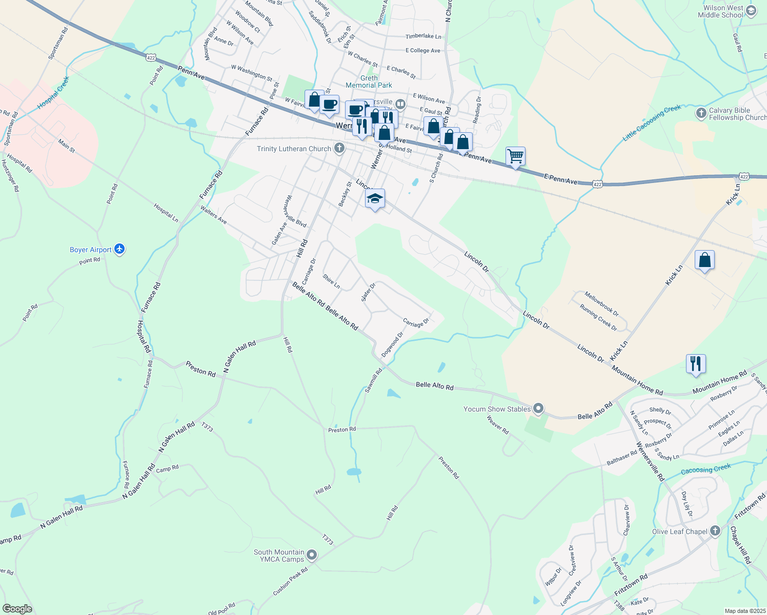 map of restaurants, bars, coffee shops, grocery stores, and more near 6 Sharon Lane in Wernersville