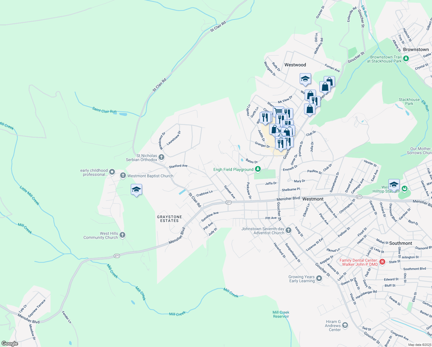 map of restaurants, bars, coffee shops, grocery stores, and more near 898 Sunset Ave in Johnstown