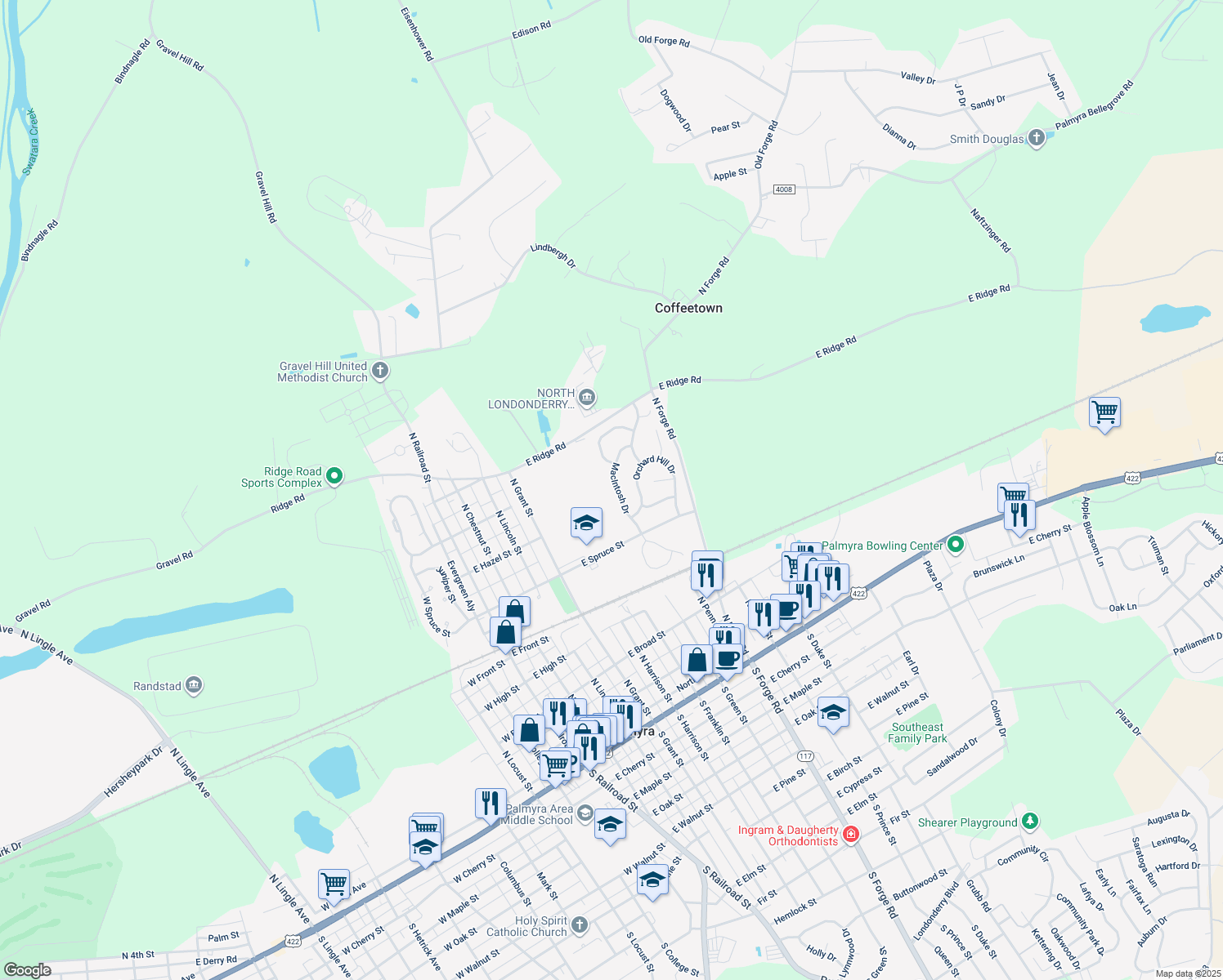 map of restaurants, bars, coffee shops, grocery stores, and more near 163 MacIntosh Dr in Palmyra