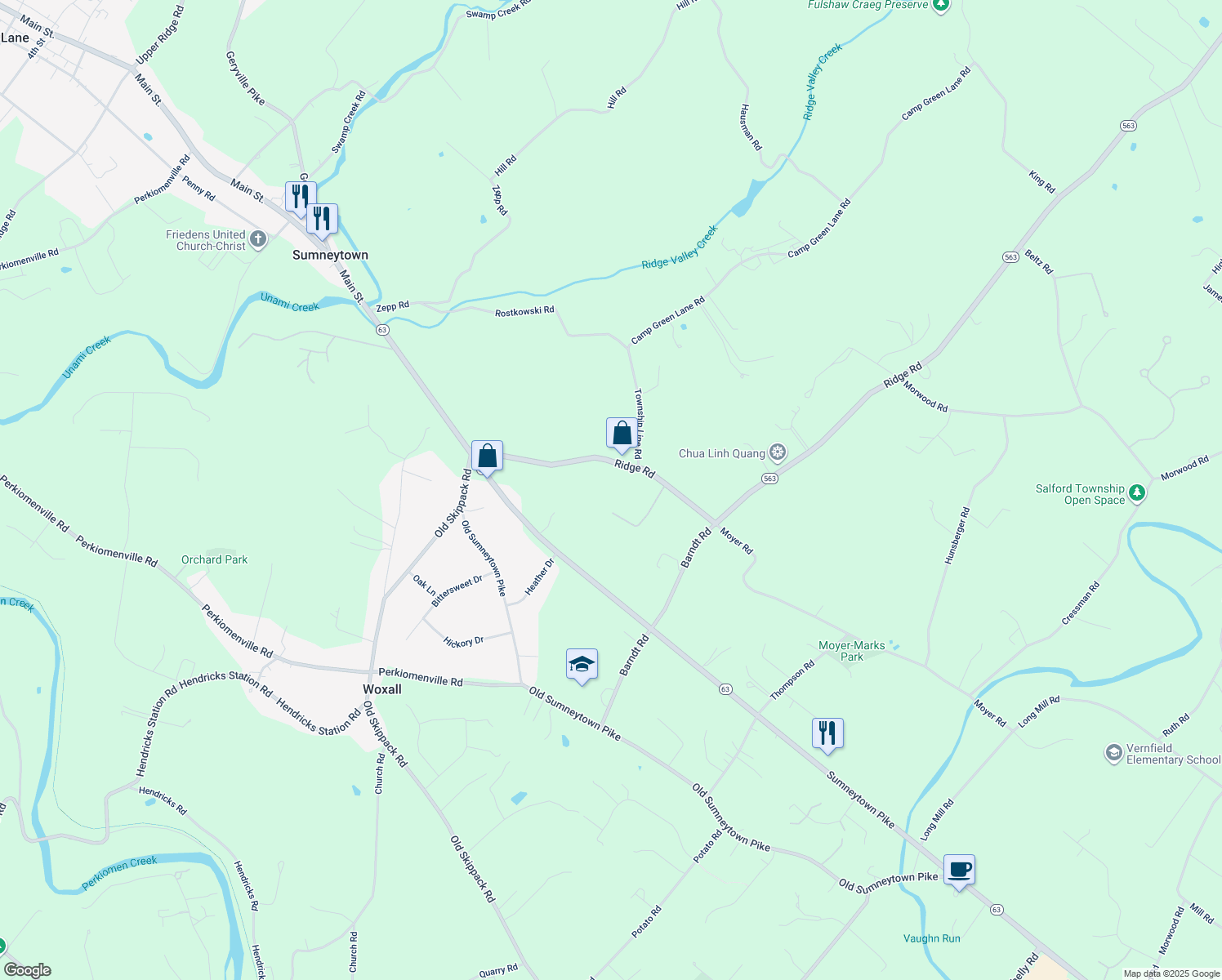 map of restaurants, bars, coffee shops, grocery stores, and more near 1883 Ridge Rd in Telford