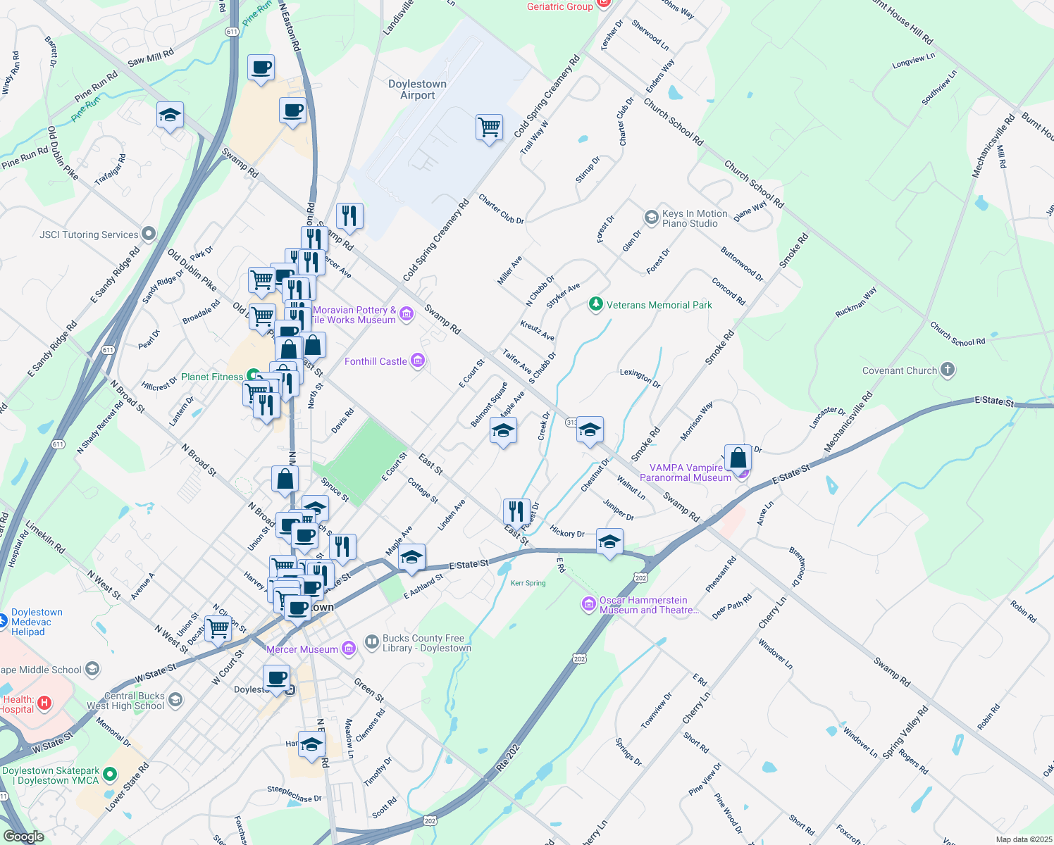 map of restaurants, bars, coffee shops, grocery stores, and more near 500 Linden Avenue in Doylestown
