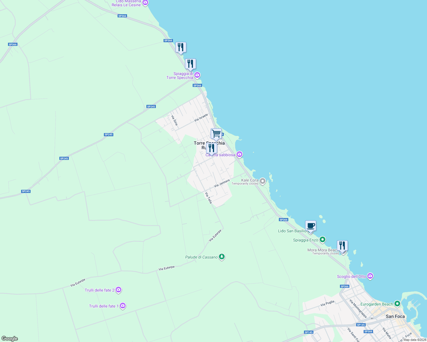 map of restaurants, bars, coffee shops, grocery stores, and more near 13 Via Jannara in Torre Specchia Ruggeri