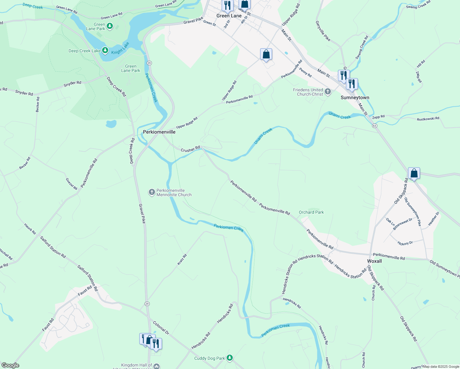 map of restaurants, bars, coffee shops, grocery stores, and more near 2280 Kratz Station Rd in Harleysville