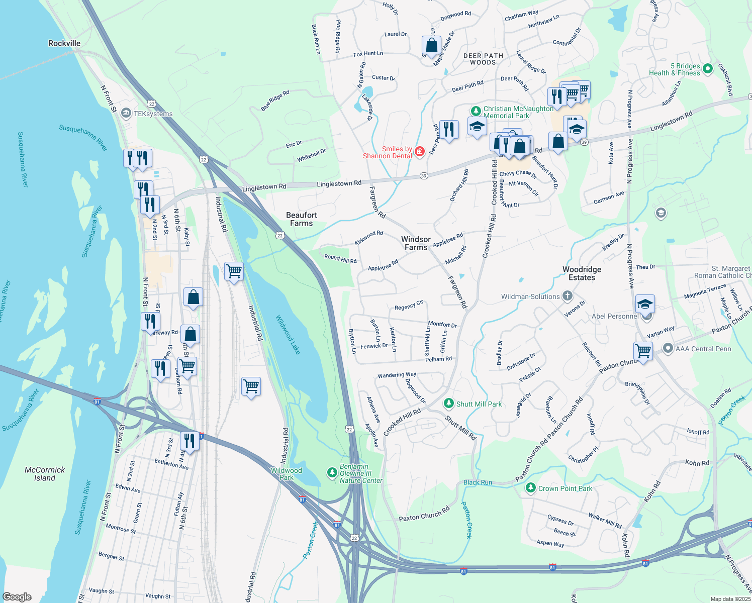 map of restaurants, bars, coffee shops, grocery stores, and more near 1409 Smokehouse Lane in Harrisburg