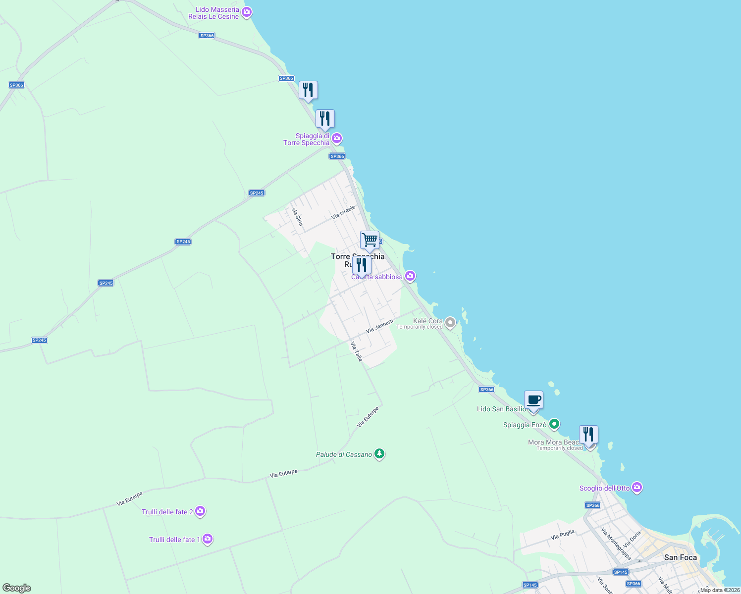 map of restaurants, bars, coffee shops, grocery stores, and more near 13 Via Jannara in Torre Specchia Ruggeri