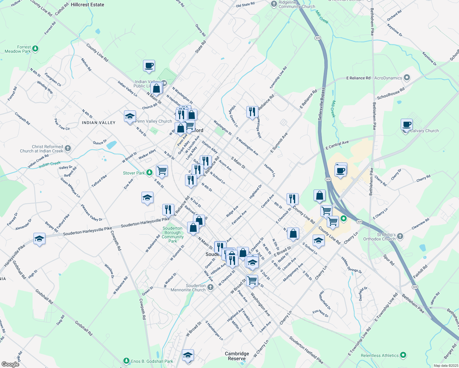 map of restaurants, bars, coffee shops, grocery stores, and more near 387 School Lane in Telford
