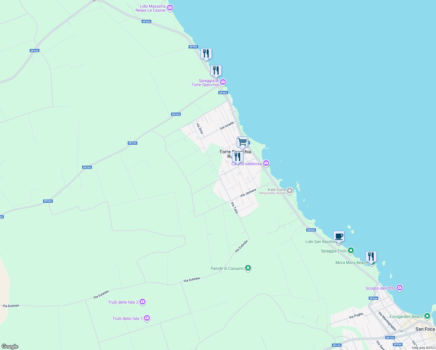 map of restaurants, bars, coffee shops, grocery stores, and more near 33 Via Nettuno in Torre Specchia Ruggeri