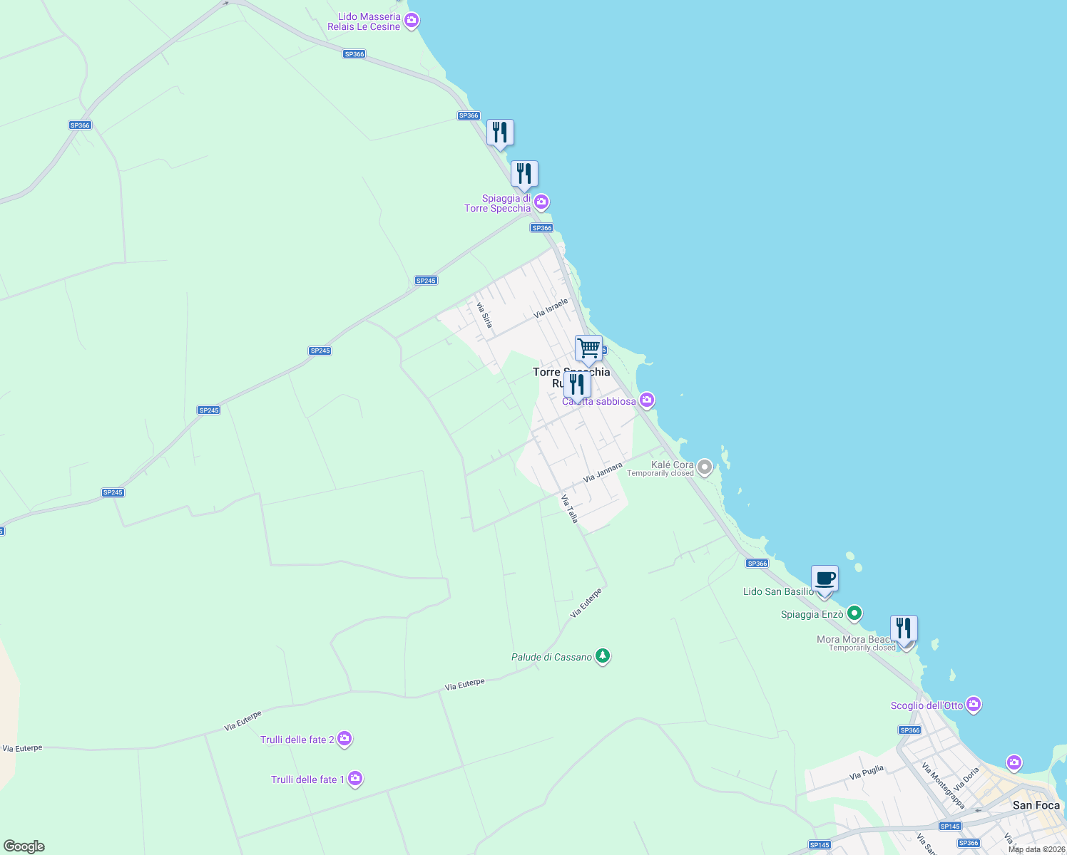 map of restaurants, bars, coffee shops, grocery stores, and more near 33 Via Nettuno in Torre Specchia Ruggeri