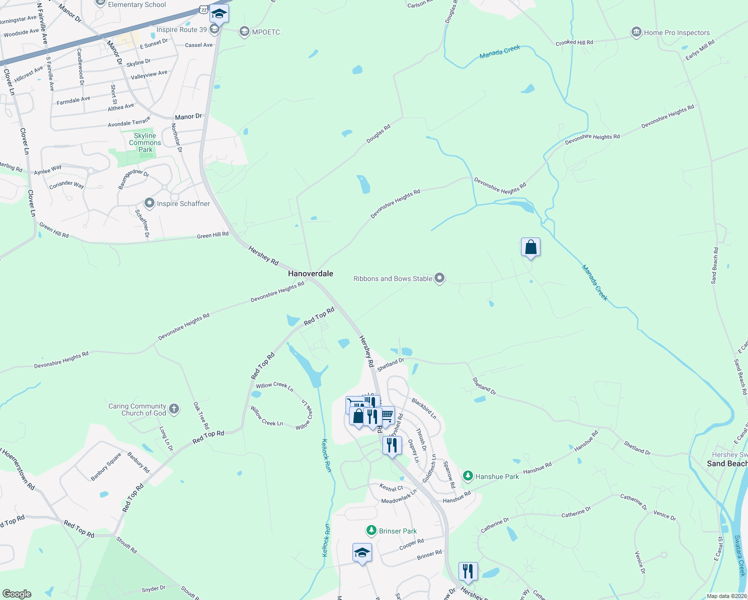 map of restaurants, bars, coffee shops, grocery stores, and more near 8024 Orchard Rd in Hummelstown
