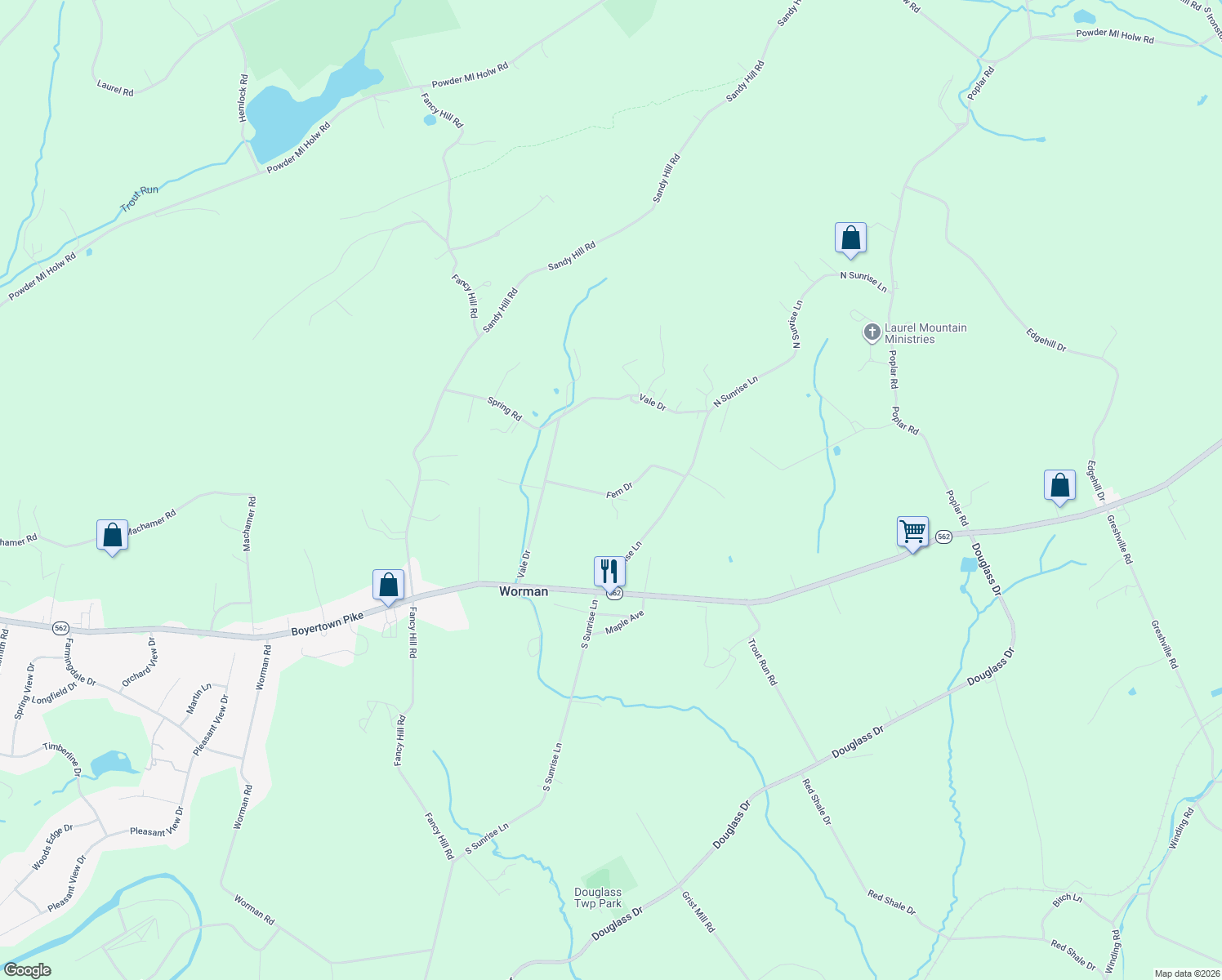 map of restaurants, bars, coffee shops, grocery stores, and more near 43 Fern Drive in Boyertown
