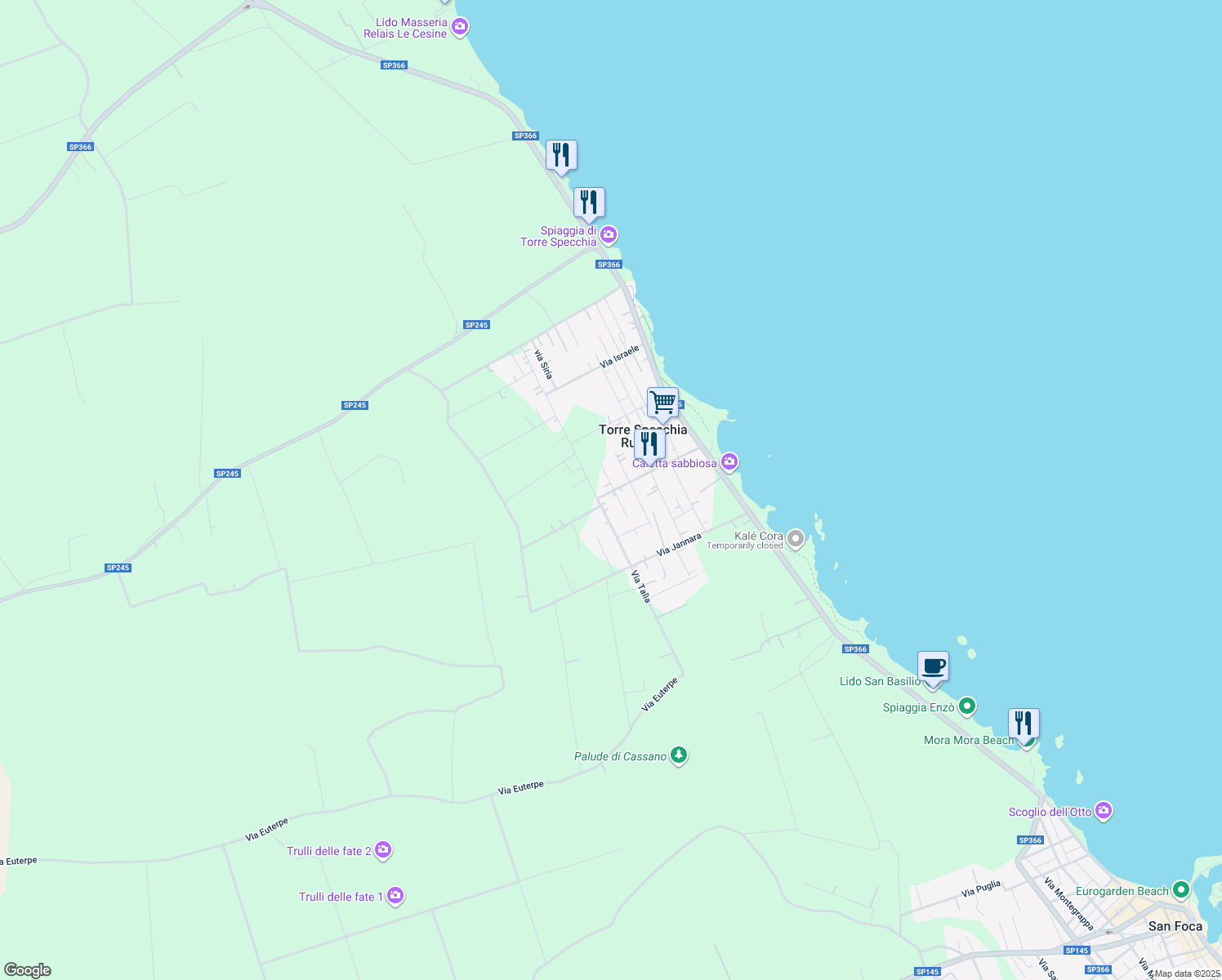 map of restaurants, bars, coffee shops, grocery stores, and more near 33 Via Nettuno in Torre Specchia Ruggeri