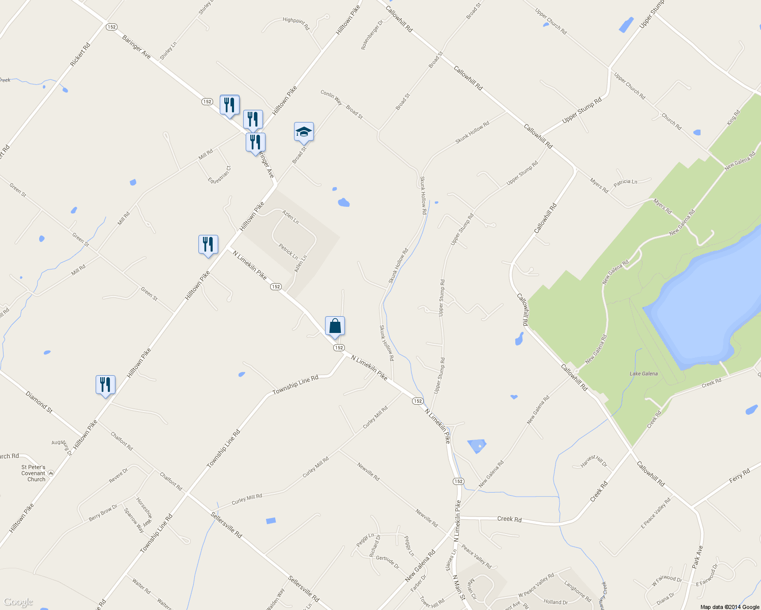 map of restaurants, bars, coffee shops, grocery stores, and more near 635 Skunk Hollow Rd in Chalfont