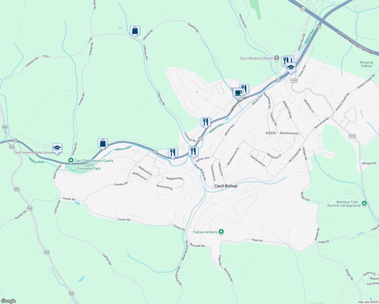 map of restaurants, bars, coffee shops, grocery stores, and more near 3344 Millers Run Road in Cecil-Bishop