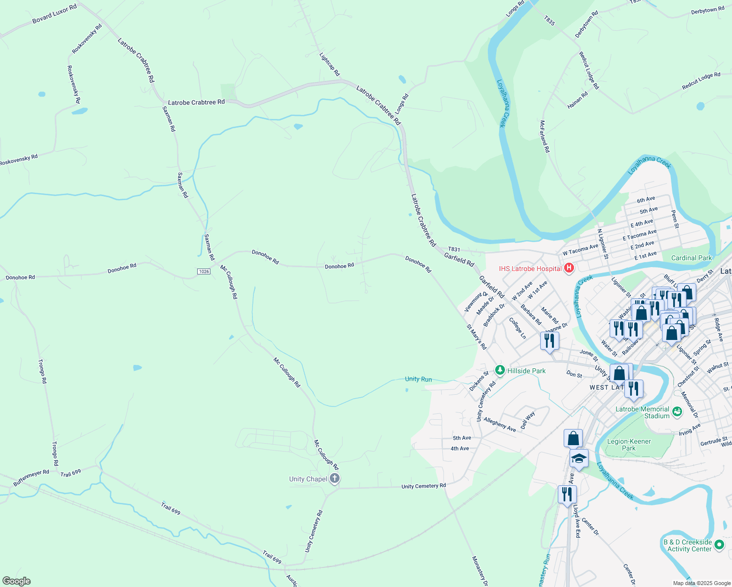 map of restaurants, bars, coffee shops, grocery stores, and more near 132 Windswept Drive in Latrobe