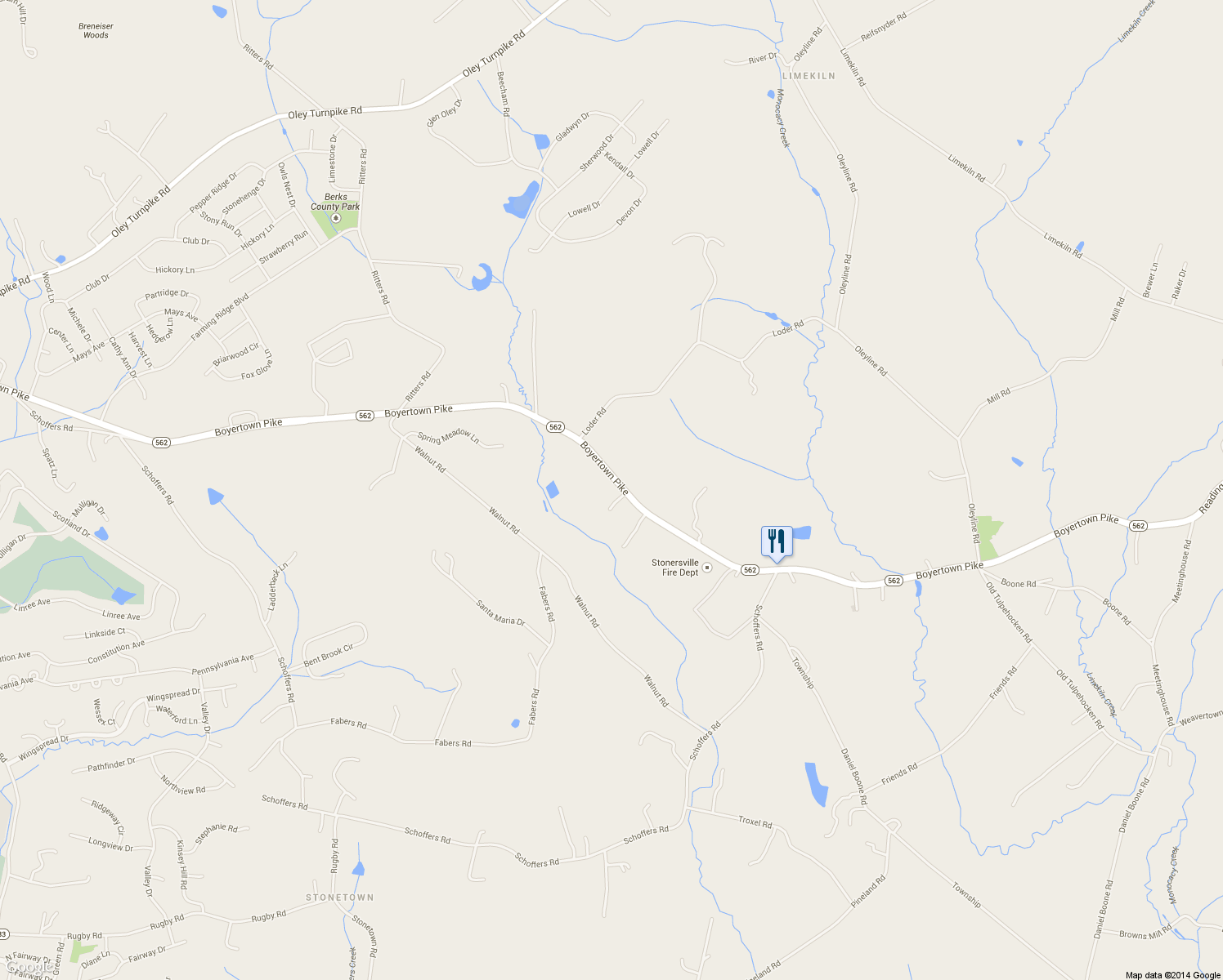 map of restaurants, bars, coffee shops, grocery stores, and more near 5460 Boyertown Pike in Birdsboro