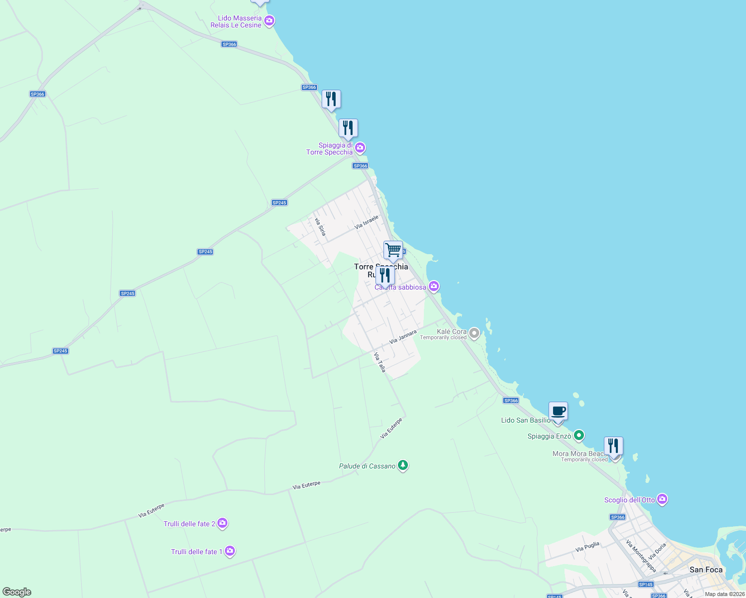 map of restaurants, bars, coffee shops, grocery stores, and more near 25 Via Nettuno in Torre Specchia Ruggeri