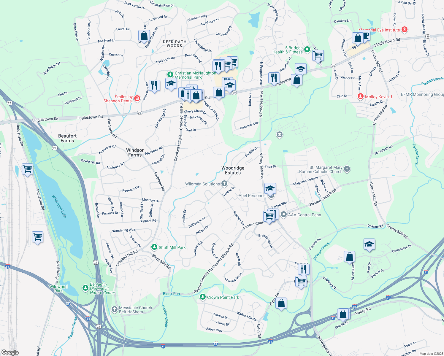map of restaurants, bars, coffee shops, grocery stores, and more near 2016 Bradley Drive in Harrisburg
