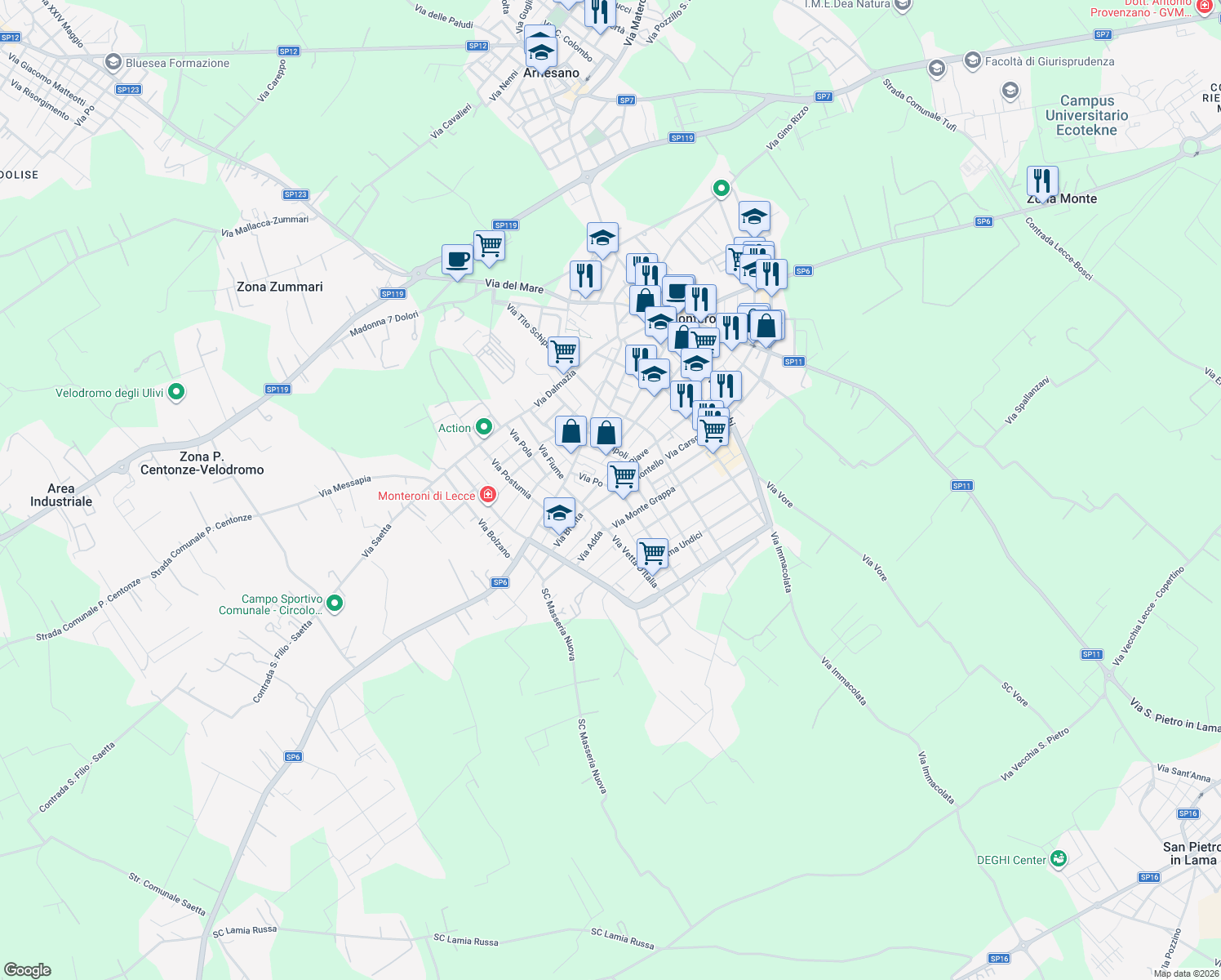 map of restaurants, bars, coffee shops, grocery stores, and more near 92 Via Montello in Monteroni di Lecce