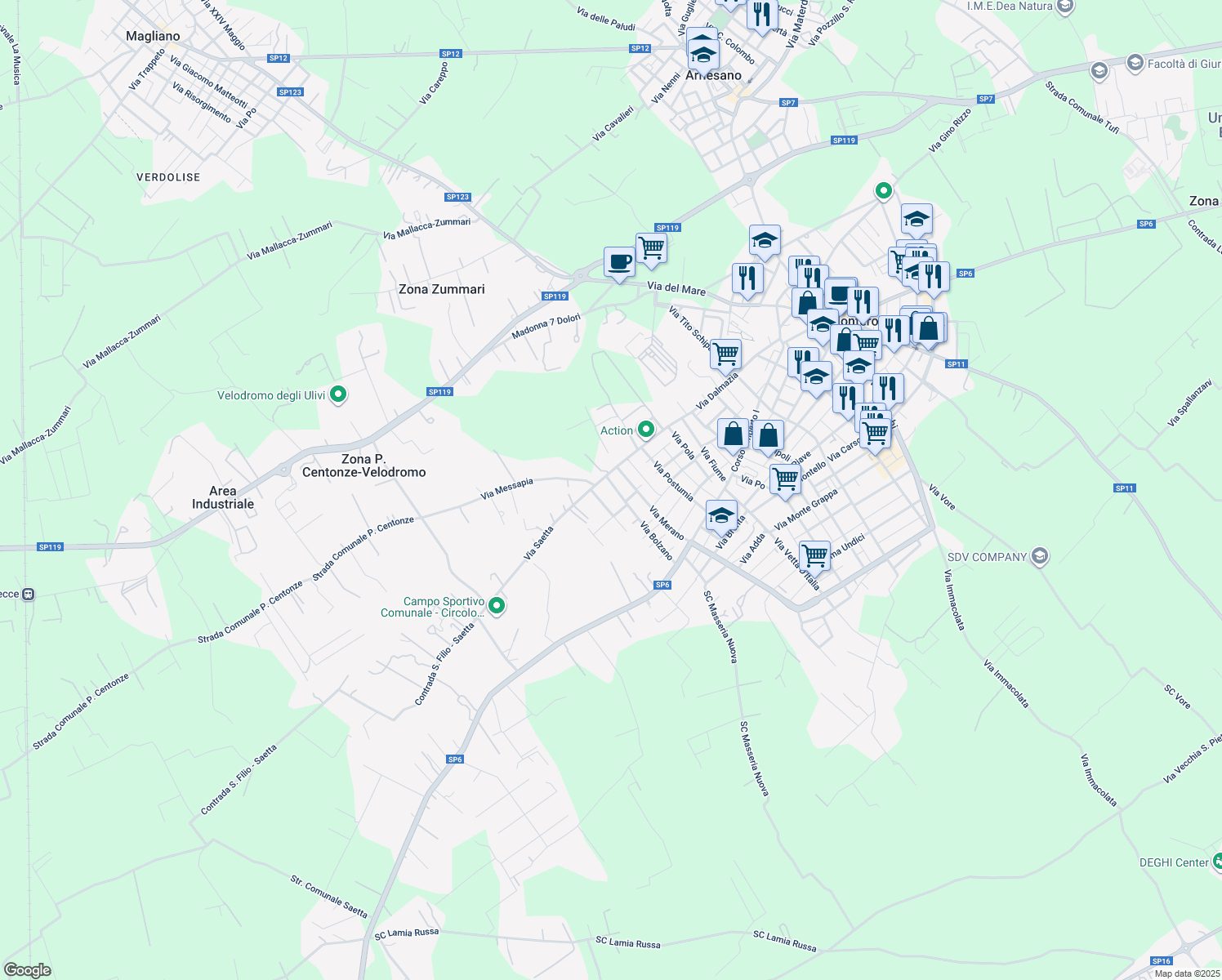 map of restaurants, bars, coffee shops, grocery stores, and more near 101 Via Bolzano in Monteroni di Lecce
