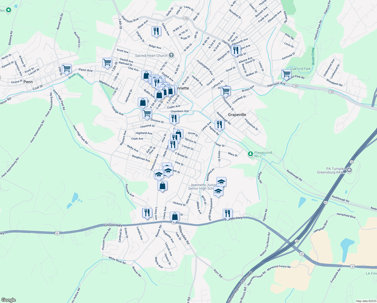 map of restaurants, bars, coffee shops, grocery stores, and more near 604 Michigan Ave in Jeannette