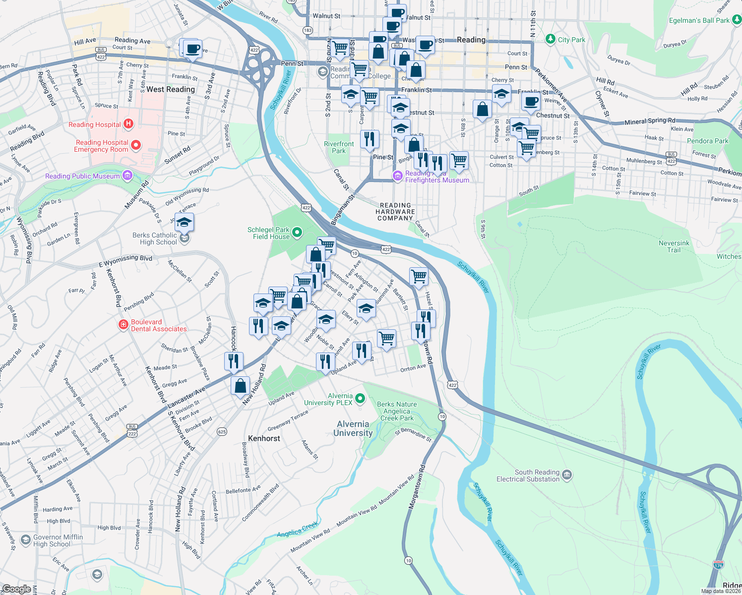 map of restaurants, bars, coffee shops, grocery stores, and more near 231 Crestmont St in Reading
